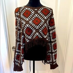 NWT House of Harlow 1960 crochet fringed Patterned Poncho Sweater